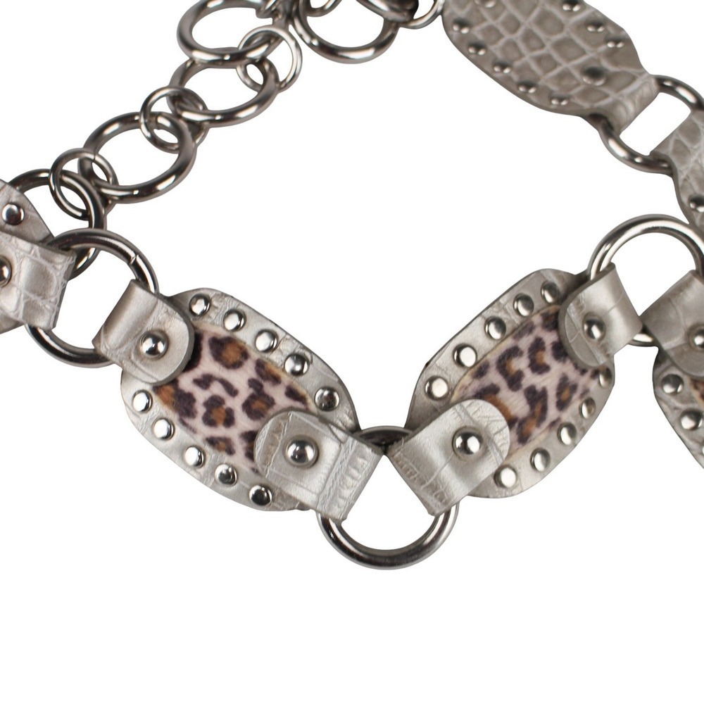 Kathy Van Zeland Studded Leopard Print Leather Chain Link Waist Belt Silver OS - Picture 2 of 7
